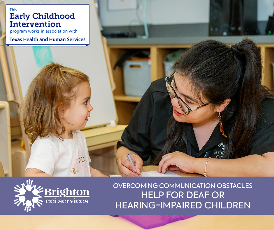 Brighton Teacher Working with Hearing-Impaired Child in Feature Image for Blog Post "Overcoming Communication Obstacles: Help for Deaf or Hearing-Impaired Children"