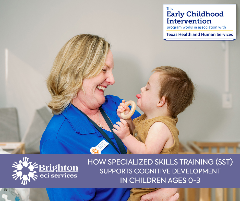 Brighton Therapist with Down Syndrome Child for Blog Post about How Specialized Skills Training (SST) Supports Cognitive Development in Children Ages 0-3
